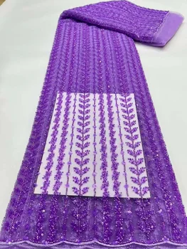 2023 Visokokvalitetna cvjetne čipke tkanina ručno beaded, Francuska, vez šljokice, 3D kuglice, Нигерийская vjenčanje nadvoji cvjetne čipke tkanina za šivanje ljubičaste boje