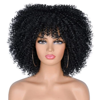 Afro-kinky kinky perika za crne žene, crne kratke curly afro perika s šiške, 14-inčni sintetički kinky perika za svakodnevnu upotrebu