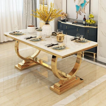 Bijela Luksuzni kuhinjski stol s mramornim pravokutnik, otporan zlatne jedinstvenim okvirom od plemenitog čelika, stol i stolice u kombinaciji