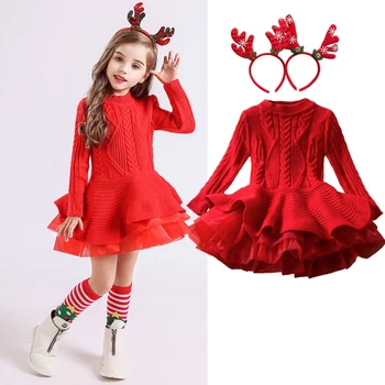 Božićna haljina za Djevojčice od 3 do 8 godina, Dječje Zima Topla Odjeća s Dugim Rukavima, Crvene Božićne Pletene Haljine, Božićni domjenak Za Djevojčice