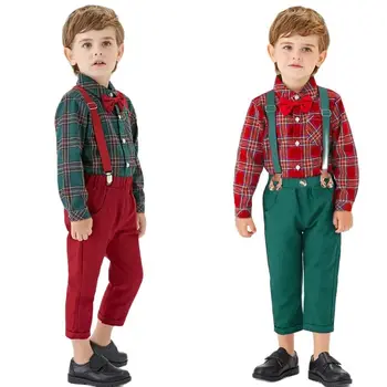 Božićni Odijelo Za Dječaka, Dječji Haljinu Za Rođendan, Odjeća Za Male Dječake, Zeleni i Crveni Pokrivač Dječje Košulja S Dugim Rukavima + Hlače + Komplet Remenje