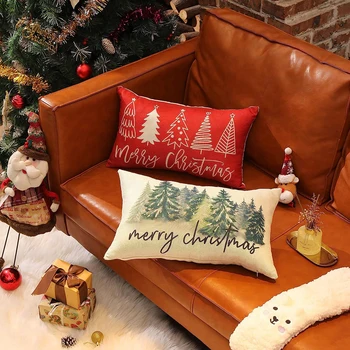 Božićno jastučnicu 30x50 cm, crvena lanena jastučnica, Pravokutni jastučnicu, jastučnica u obliku Božićnog drvca, šaren jastučnicu