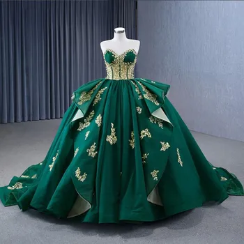 Bujna haljine princeze Hunter Green S aplikacija od zlata i bisera, korzet underwire, haljina za prom Sweet 15 za debutantes