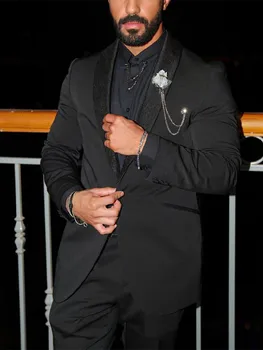 Crna muška odijela, šivani po mjeri, 2 predmeta, sportska jakna, hlače na jedan preklopni, šljokice, transparentan rever, приталенный Moderan poslovno odijelo za vjenčanje