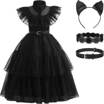 Crno costume haljinu s рюшами na rukavima, dječja haljina princeze za djevojčice, Elegantne haljina za zabave, vjenčanja, rođendana, haljina s priborom