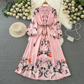 Duge donje haljinu s cvjetnim ispis, rukav-svjetiljku, Vestidos na zakopčane, haljine trapeznog oblika čipka-up u etnički stil, proljeće isporuka