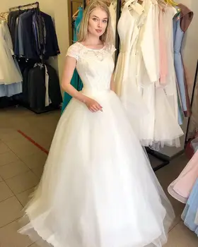 Elegantan svadbeni haljine Sa kratkim rukavima, kao čipka aplicirano, izvezena perle, Tila, Satiny pojas Dužine do poda, vjenčanice po mjeri 2021