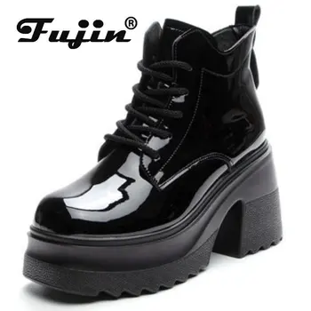 Fujin/ lakirane cipele-brod na танкетке 10 cm, visoka kvaliteta proljeće-jesen cipele od prave kože, čizme do sredine kavijara, ženske cipele na platformu