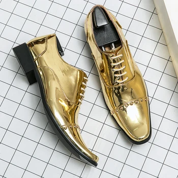 Gospodo Zlatni Luksuzni poslovni Оксфордские cipele Muške Pojačava rast Službene cipele od lakirane kože Plus Size Gospodo office Vjenčanje cipele na visoku petu