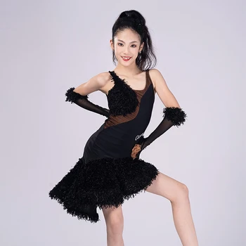 Haljina za natjecanja na plesovima za djevojčice, crne haljine za ples rumba Samba s perjem, odijelo za nastupe tango DL11462
