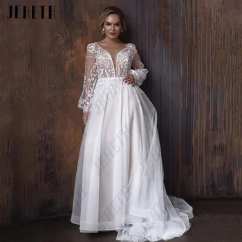 JEHETH Moderne vjenčanice za mladenku 2023 Sa zelenim rukavima i V-izrez, cvjetne čipke oblog, vjenčanje haljine od tila, vestidos de novia