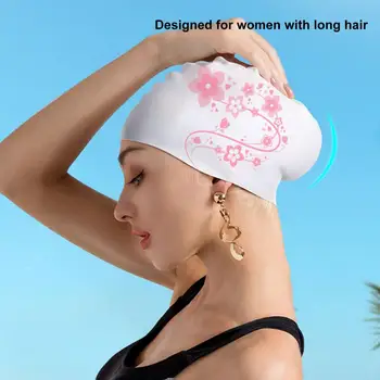 Kapa za kupanje, elegantne ženske kape za plivanje s cvjetnim ispis, vodootporan elastične silikonske kape sa zaštitom za uši za djevojčice, bazen za odrasle