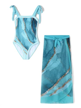 Kupaći kostim-монокини sa žice na ramenima s cvjetnim ispis i suknje-саронгом - starinski komplet za plažu za žene