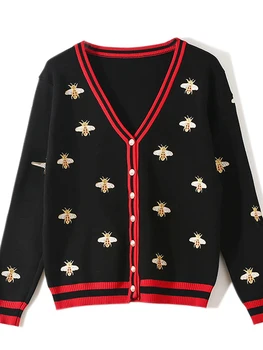 Kvalitetan Modni Dizajn kardigan s vezom Pčele, однобортный pletene džemper na zakopčane kontrastne boje s dugim rukavima