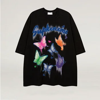 Ljetna moda, Berba Ženske Majice s Grafičkim po cijeloj površini Kawaii Butterfly, Harajuku, Uličnu Odjeću u stilu Hip-Hop, Majice s okruglog izreza i Kratkih rukava