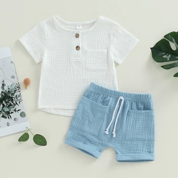 Ljetna odjeća za male dječake iz 2 predmeta, Majice s kratkim rukavima i džepovima na zakopčane, Kratke hlacice, Komplet odjeće za malu djecu
