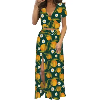 Ljetno donje Maxi haljina s dubokim urezima i voćni po cijeloj površini za plažu zurke na Havajima, donje haljina s prorezom od dva dijela, odjeća s V-izrez i kratkih rukava