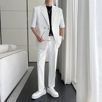 Ljetno odijelo 2023 za muškarce, Приталенный Moderan Društveni Muški komplet, Korejski Blazer kratkih rukava, hlače, komplet od dva predmeta, Muški Uredski formalno odijelo