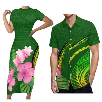 Ljetno seksi donje haljina s okruglog izreza i muška majica s kratkim rukavima, odijelo za polinezijski para, besplatna dostava