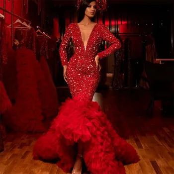 Luksuzni Crvene sjajne, Elegantne večernje haljine Sirena s V-izrez i dugim rukavima, sjajna ženske haljine za maturalne 2024 godine, sjajne večernje haljine s šljokice