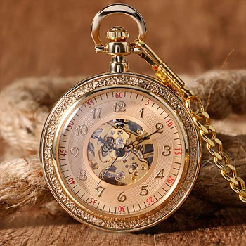 Luksuzni džep mehanički sat sa ručnim pogonom od zlata, gospodo, open lice, s arapskim brojkama, Starinski sat-ovjes, džep za lanac