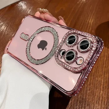 Luksuzni pink torbica s prozirnim premazom s бриллиантовым sjaj za iPhone 15 11 12 13 14 Pro Max Plus, torbica za bežično punjenje Magsafe Magnetic