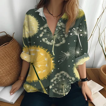 Majica za kupovinu na otvorenom, ženska moda elegantna košulja, proljeće-jesen, casual košulja sa dugim rukavima, košulja s gumbima s 3D ispis u obliku maslačak