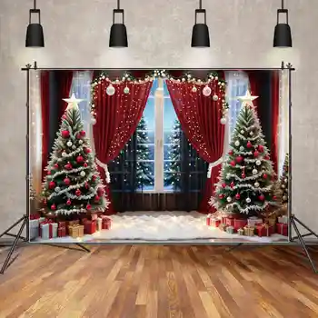 MJESEC.QG Background Božićna Pozadina za Fotografiranje Ukras Zurke Ukrasa Drveće Gudačkih Svjetla Zavjese Prozor Plave Šume