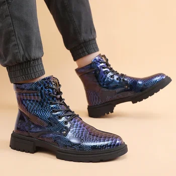 Modni Muške Čizme Sa Змеиным po cijeloj površini, Visoke Kožne Čizme, Muške Sjajna Cipele, Luksuzne Dizajnerske Muške Cipele Zapatos Hombre