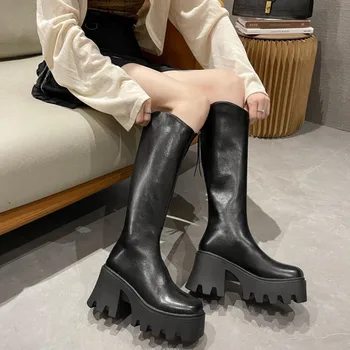 Modni Visoke čizme na masivnim petu u gotičkom stilu, Ženske cipele na visoku petu u stilu punk, 2023, Jesensko-zimske Ženske čizme do koljena na platformu 8cm