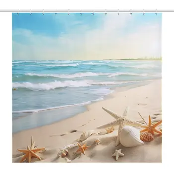 Morska zvijezda, školjke, zavjese za tuširanje, vodootporan kupaonica u plaže području, 12 kom. kuke, šik i elegantan, Jednostavan za njegu
