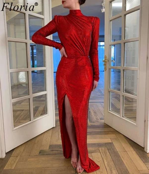 Muslimanski Crvene Večernje haljine Sukienki s dugim rukavima i visokim cutaway, gradacija haljine 2020, Arapski večernje haljine, Donje koktel haljina