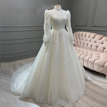 Muslimanski svadbeni haljina boje slonove kosti za žene 2023 s bujnim rukava, duge vjenčanice s aplikacija zrna, elegantan haljinu mladenka vestidos de novia