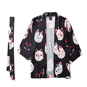 Muška moda jakna-kimono s likom mačke iz crtića, vanjska odjeća Harajuku, ogrtač u stilu hip-hop, kardigan, jakna s pojasom