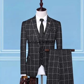 Muški kockice vest u britanskom stilu, sportska jakna, hlače, komplet od 3 predmeta / Muška moda visoke klase, tanak Vjenčanje mogućnost poslovno odijelo, sako, kaput