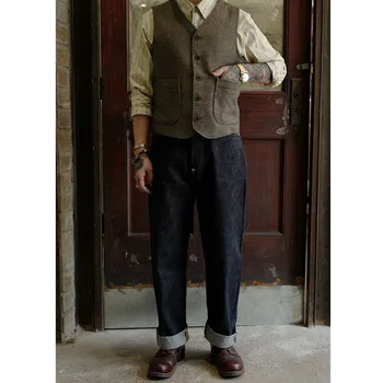 Muški prsluk 2024 godine, klasični kostim u stilu steampunk, vuneni prsluk od tvida s urezima na лацканах, gusta твидовое kaput s rešetkom 