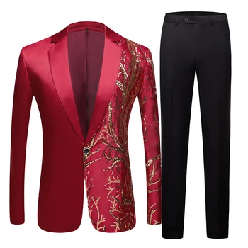 Novi muški bordo-crveni kostim sa šljokicama, odijelo mladoženje, odijelo za žurka u noćnom klubu, plesni kostim pjevač, sportska jakna sa šljokicama, svadbene nošnje