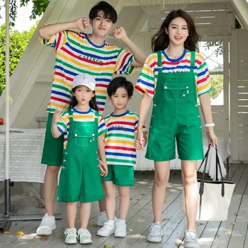 Obiteljske ljetne odjeće u bojama duge majice za mamu i djevojčice, zeleni kombinezon, ženska odjeća, isto, odjeća za tatu i kćer i sina