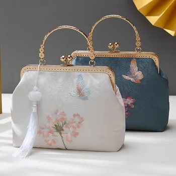 Originalna torba ručnog rada s vezom Hanfu, torba u starinskom stilu, kineski stil, univerzalni zlatna torba s umreženim ručke, dizajnersku torbu s leptir i cvijet