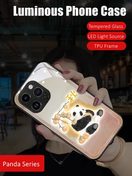 Parovi Slatka Panda LED Light Sjajni Torbica Za Telefon od Kaljenog Stakla za OPPO Reno 4 5 6 7 8 9 Find X5 Realme X50 Pro Plus SE