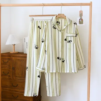 Pidžama u vertikalnu traku sa po cijeloj površini panda, muške i ženske pidžame, komplet od 100% pamuka, osnovna odjeća za hlače, noćni odijevanje