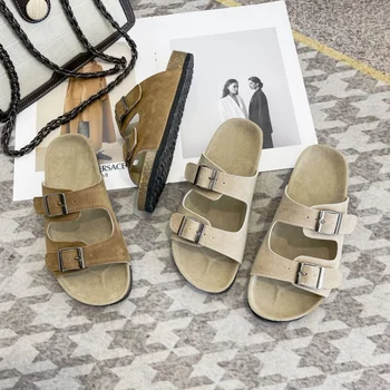 Plus veličina 42, ženske cork papuče, 2023 Ljetne Nove plaže sandale na ravne cipele sa metalnom kopčom, trendy ženske japanke na otvorenom za žene