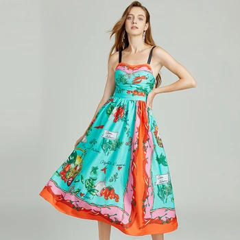 Popularno smještaj haljina od povrća i voćni po cijeloj površini, темпераментное haljina na trake s visokim strukom, seksi haljina midi munje s рюшами, Vestidos