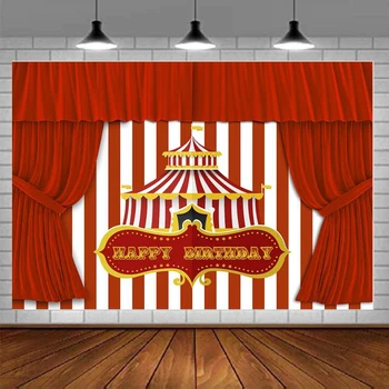 Pozadina za fotografiranje u cirkusu s crvenim šatorom, Pozadina za tematske zurke Sretan rođendan, dekoracija stola za tortu u duši dijete, Rekvizite za foto-banner