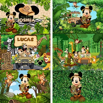 Pozadina za party u čast rođenja dječaka-safari s Mickey Mouse, banner, životinje, Mickey Djeca, Divlja djeca, pozadinske slike za foto-studio