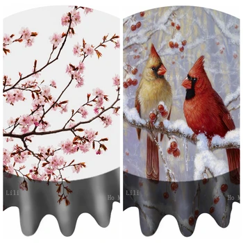 Priroda Девчачий Ružičaste Boje Trešnje Cvjetni Sakura Zimska Radost Štrajk Ptica Cardinalsi Su Na Snijegom Grani Okrugli Stolnjak Od Ho Me Lili