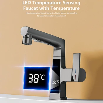 Pull-slavina s digitalnim zaslonom, inteligentni senzor temperature, mesing slavine za umivaonik, rotirajući pokretnim slavina za hladnu i toplu vodu