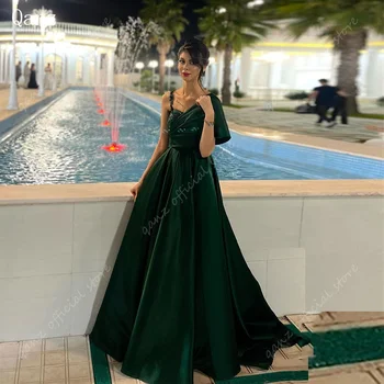Qanz Saudijska Arabija Smaragdno-Zelene Večernje Haljine Vintage Satena Vestido Largo Elegante Dužine A Line Abendkleider Luxus 2024 Dubai