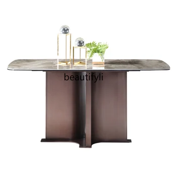 Restoran Gold stol i stolica svijetla kamena ploča, dizajn svjetla, luksuz i jednostavnost, moderan metalik pravokutni stol