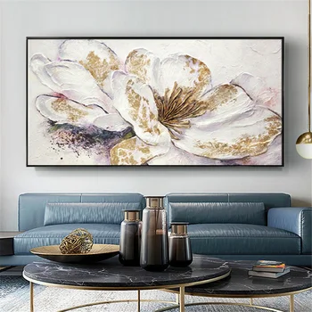 Ručno oslikana bijeli zlatni folijom sa slikom latice Apstraktne cvijet Platnu ulje na platnu Минималистичные zidni umjetničke slike Home Dekor